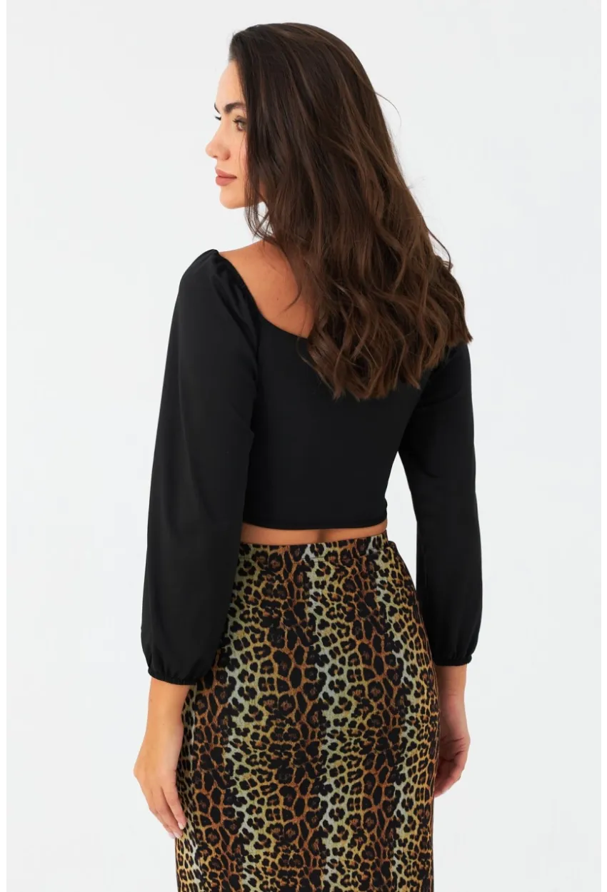 Kadın Siyah Bağlama Detaylı Crop Bluz CG387