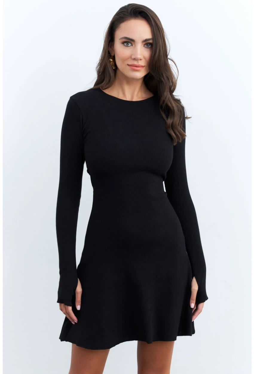 Kadın Siyah Bağlamalı Kaşkorse Mini Elbise FRY2175