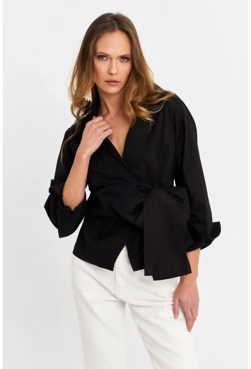 Kadın Siyah Bağlamalı Kruvaze Gömlek MFS9792