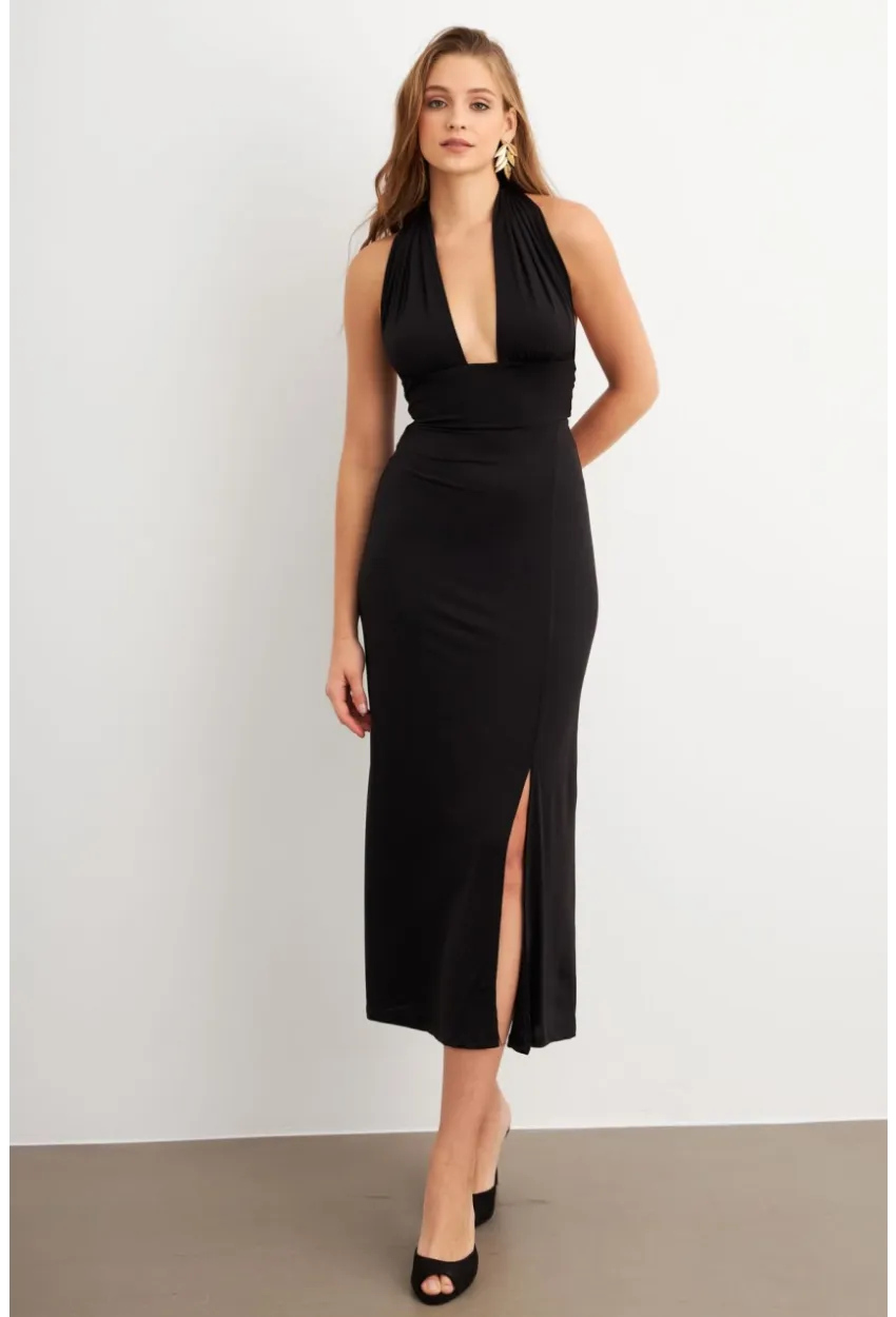 Kadın Siyah Bağlamalı Sırt Dekolteli Maxi Elbise UG2003