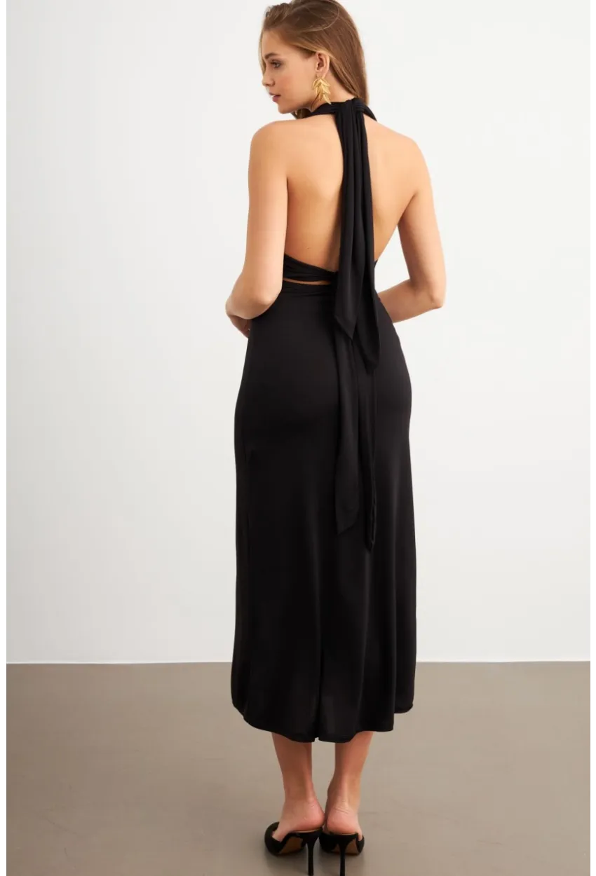 Kadın Siyah Bağlamalı Sırt Dekolteli Maxi Elbise UG2003