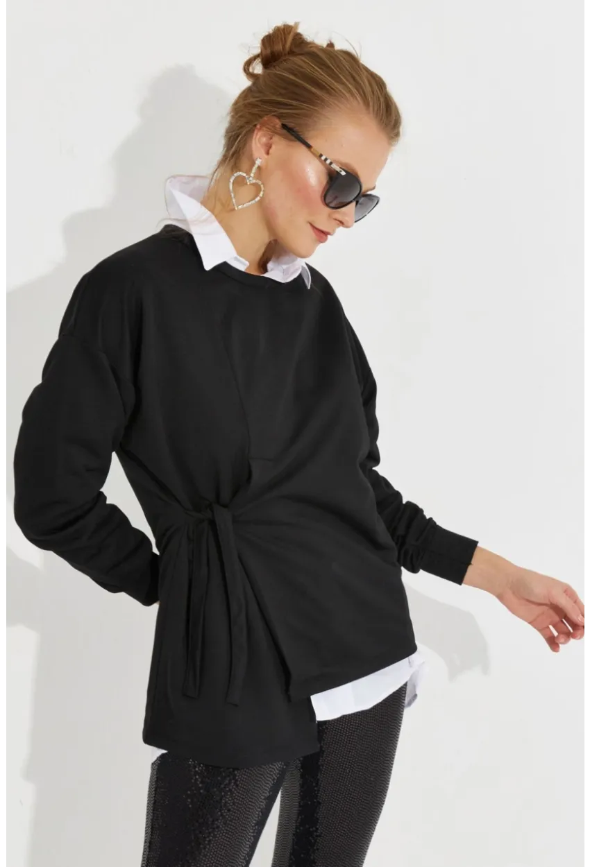 Kadın Siyah Bağlamalı Sweatshirt MYİ2493