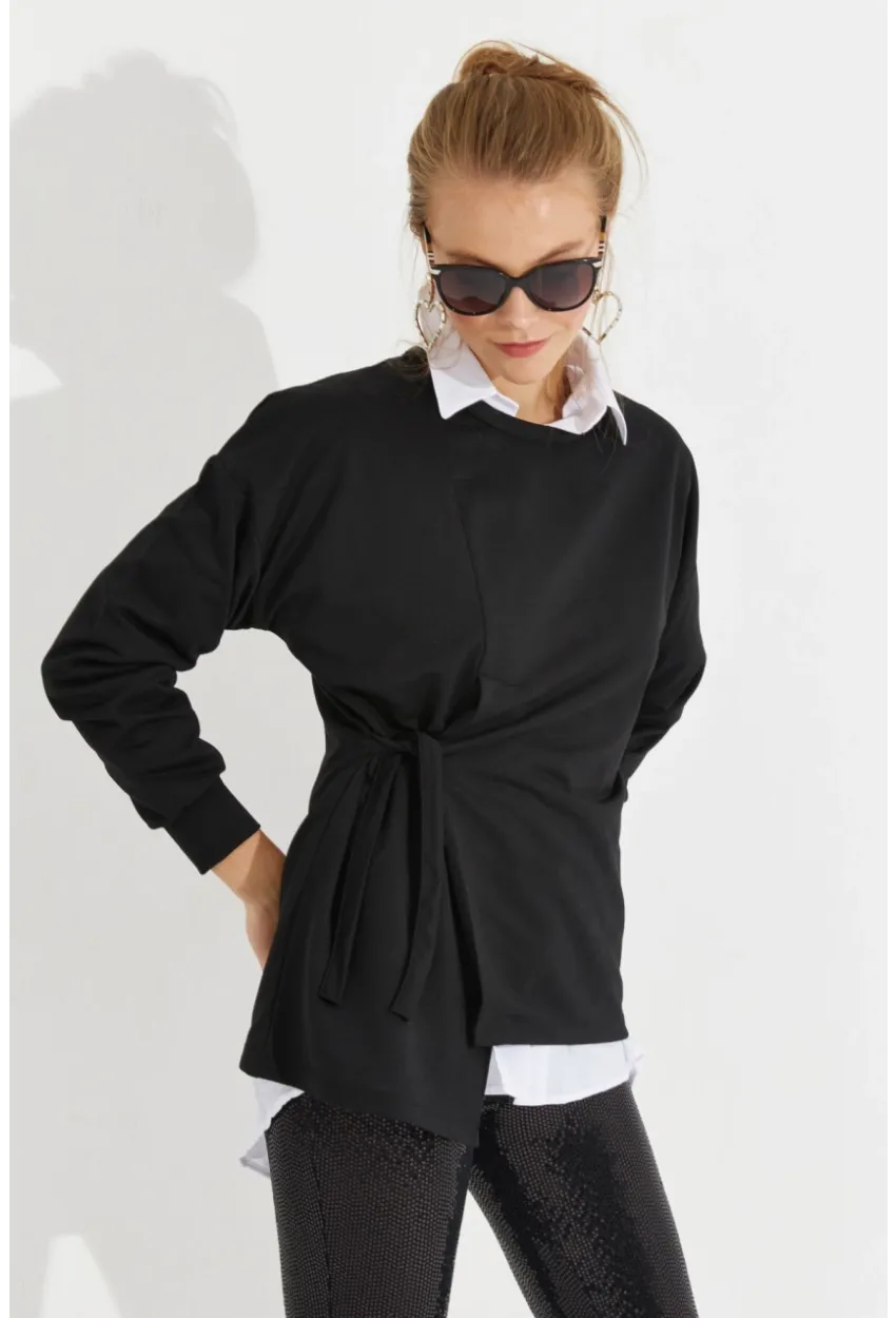 Kadın Siyah Bağlamalı Sweatshirt Yİ2493