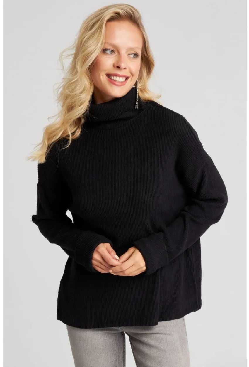 Kadın Siyah Balıkçı Fitilli Triko Kazak AYD257