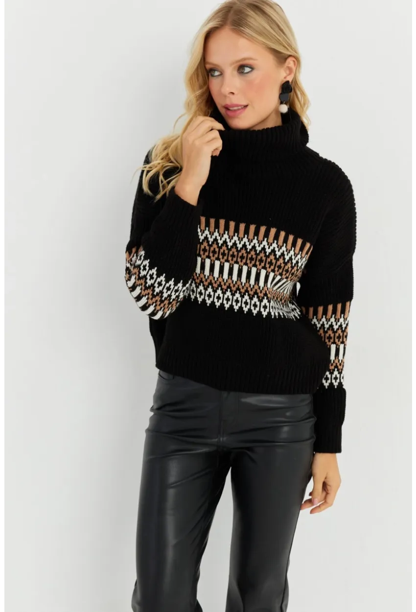 Kadın Siyah Balıkçı Triko Kazak YZ527