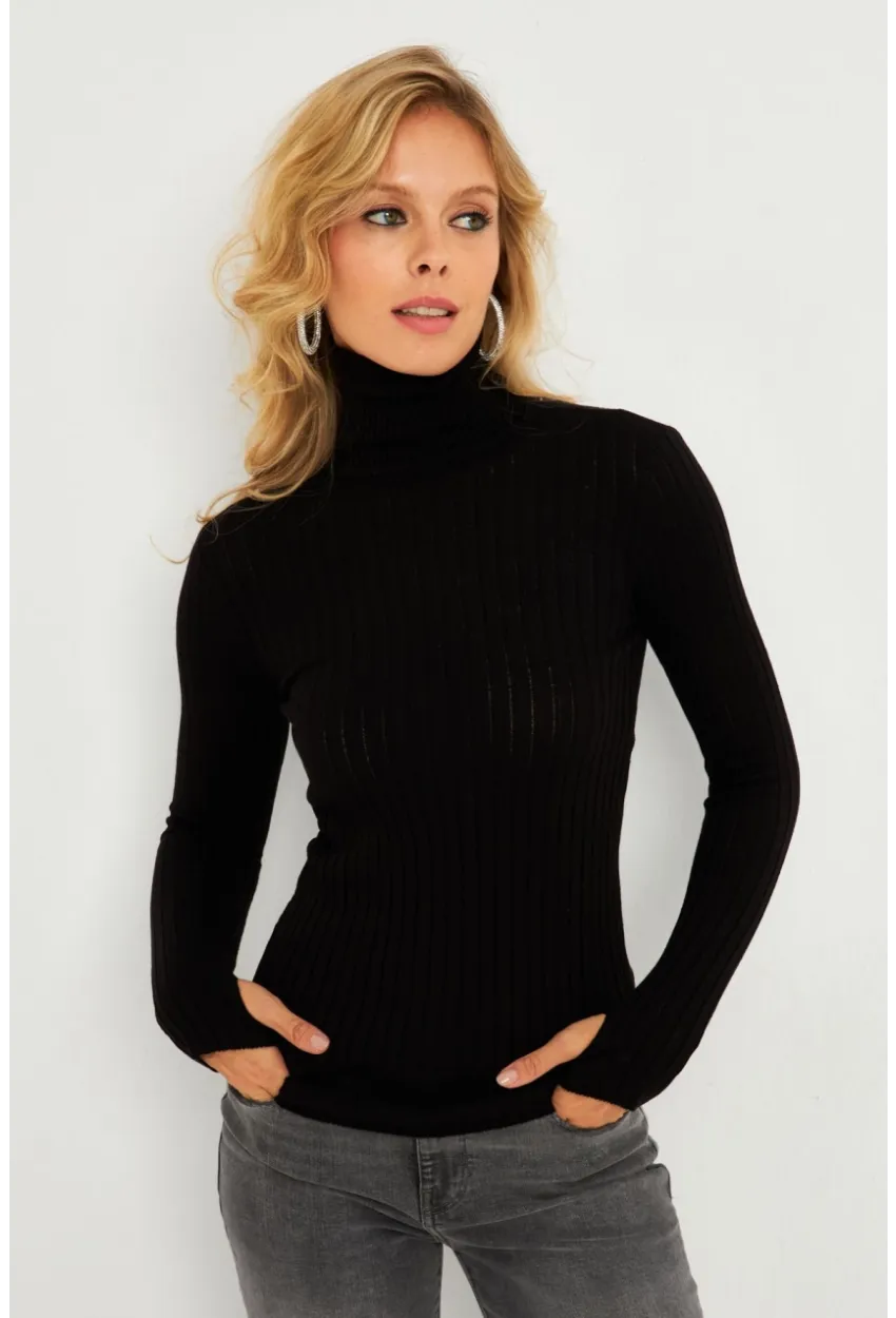 Kadın Siyah Balıkçı Yaka Eldivenli Triko Bluz HNT03