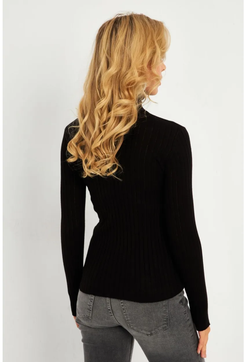 Kadın Siyah Balıkçı Yaka Eldivenli Triko Bluz HNT03