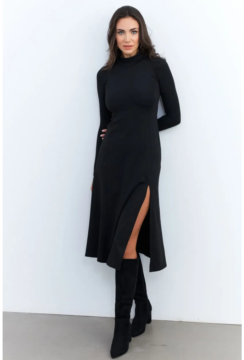 Kadın Siyah Balıkçı Yaka Midi Elbise HOR15