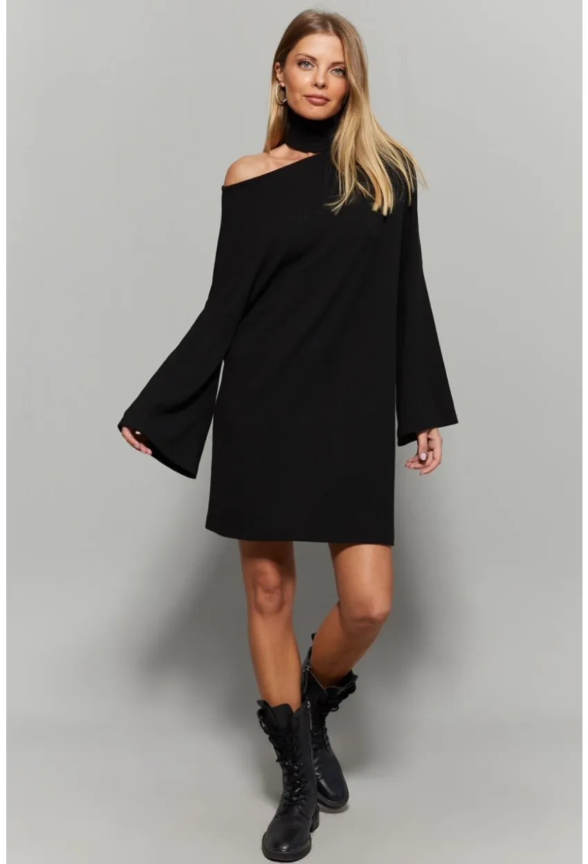 Kadın Siyah Balıkçı Yaka Tek Omuz Elbise Yİ1990
