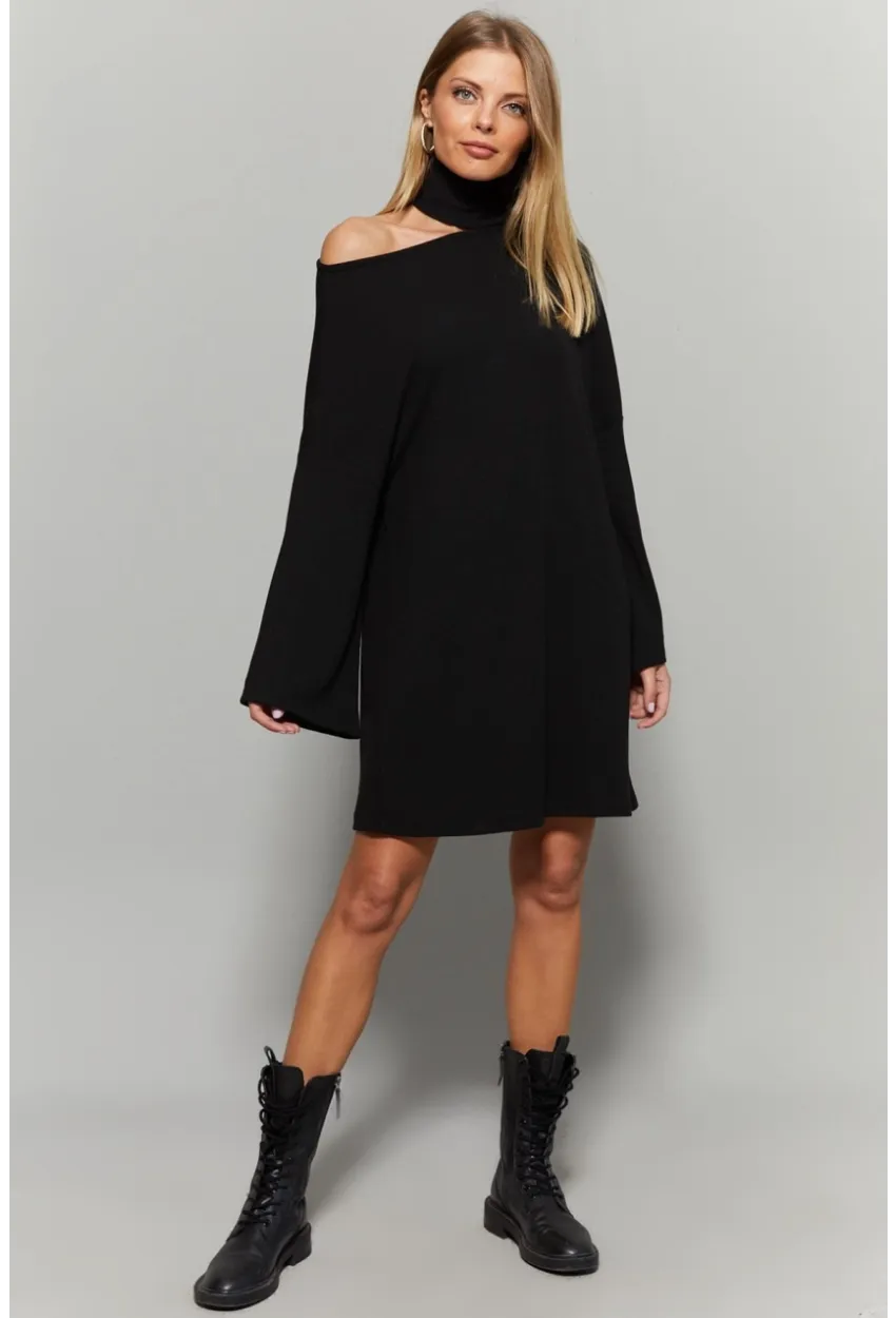 Kadın Siyah Balıkçı Yaka Tek Omuz Elbise Yİ1990