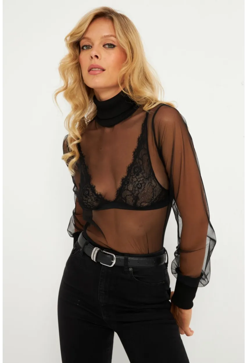 Kadın Siyah Balıkçı Yaka Tül Yılbaşı Bluz EY2901