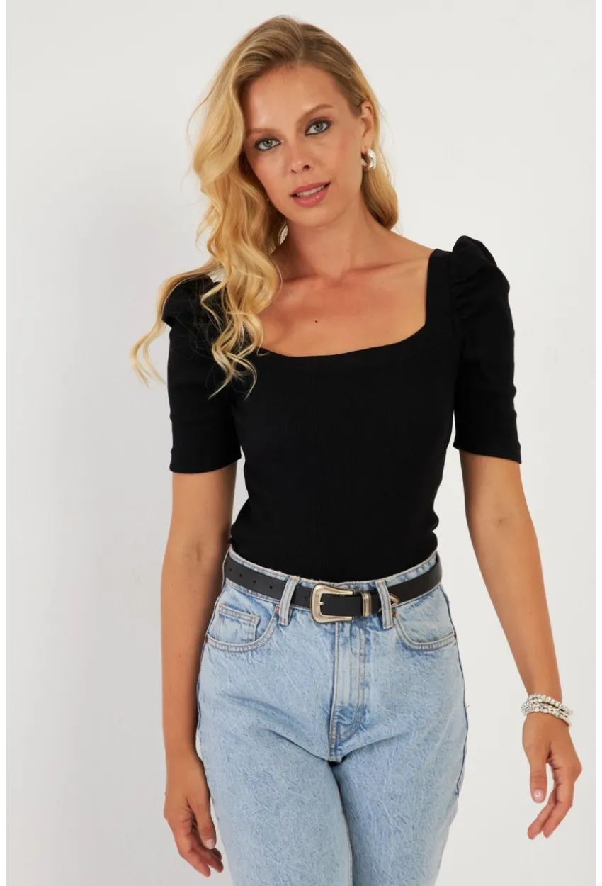 Kadın Siyah Balon Kol Kaşkorse Bluz XL2019