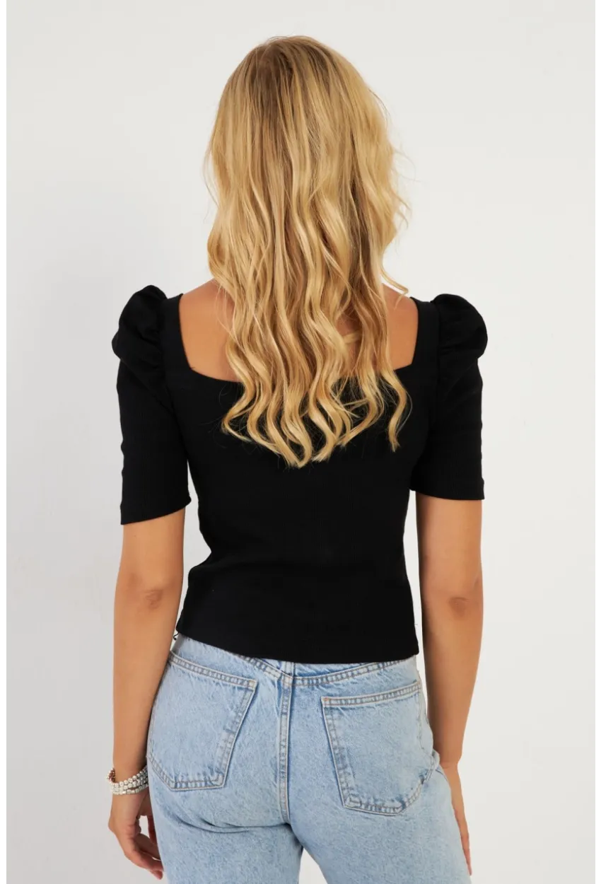 Kadın Siyah Balon Kol Kaşkorse Bluz XL2019