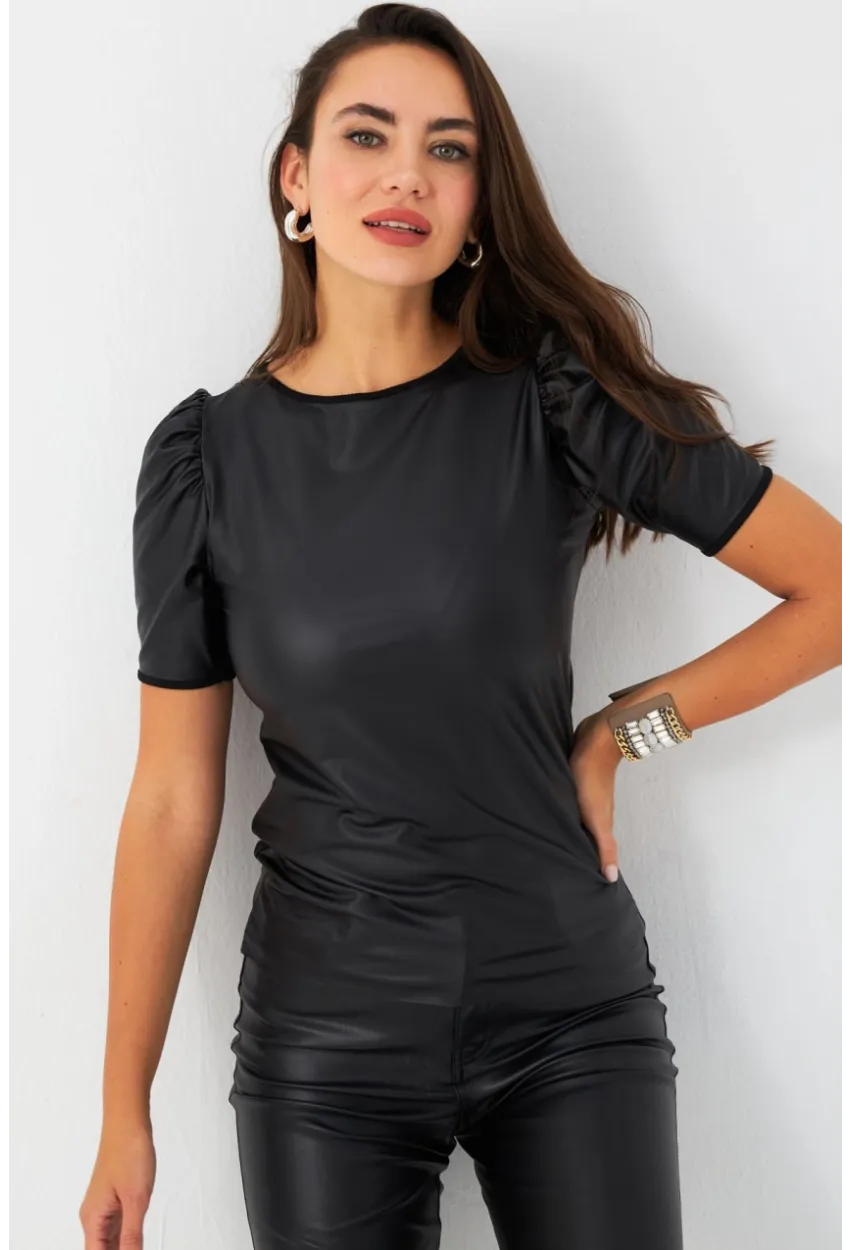 Kadın Siyah Balon Kol Sıvama Bluz TF35