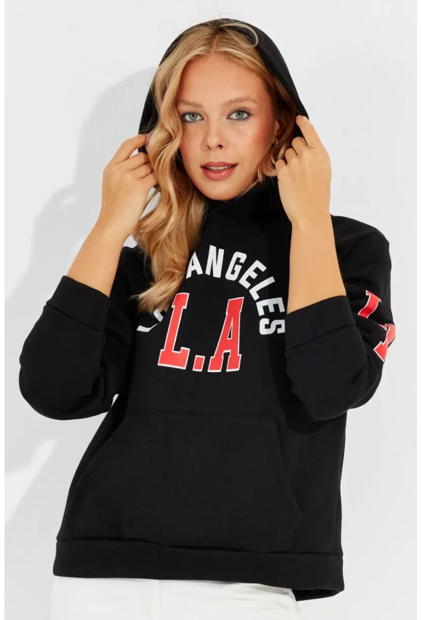 Kadın Siyah Baskılı Kapüşonlu Sweatshirt DA146
