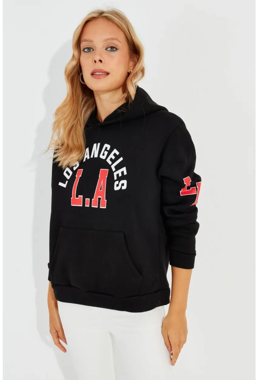 Kadın Siyah Baskılı Kapüşonlu Sweatshirt DA146