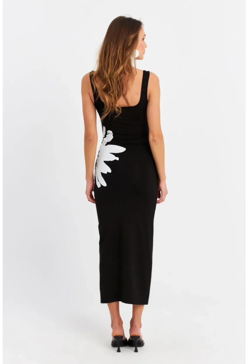 Kadın Siyah Baskılı Midi Elbise B5005-5
