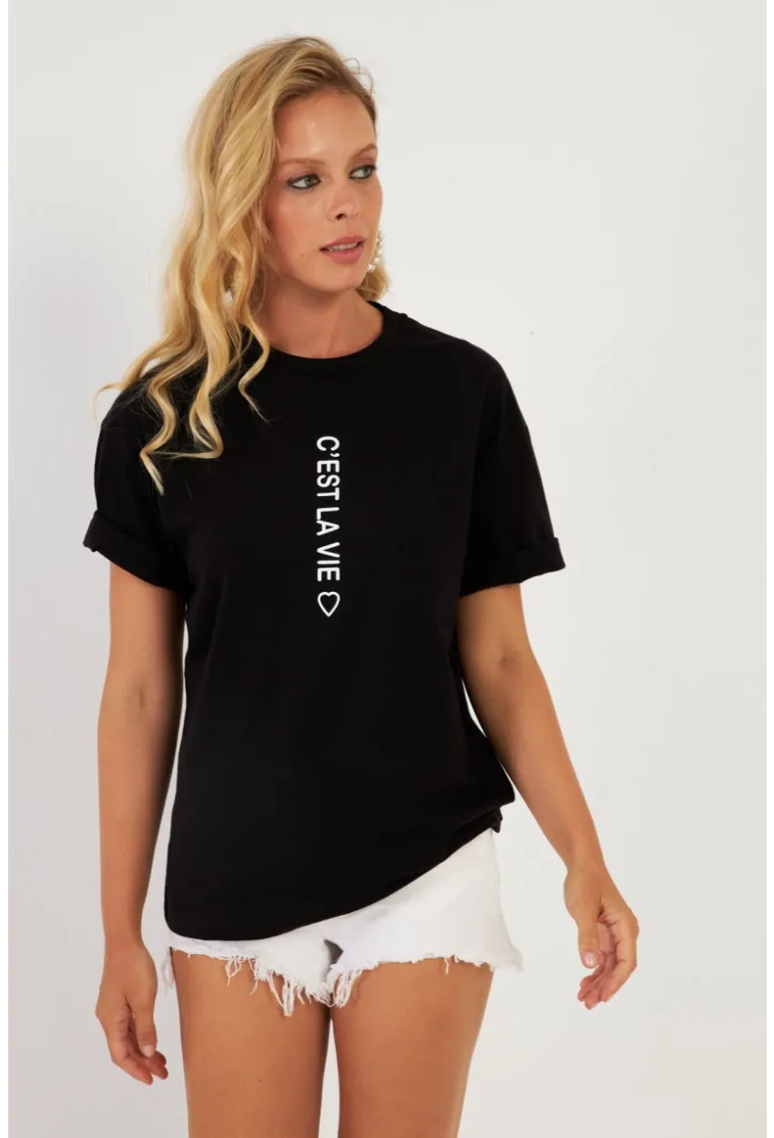 Kadın Siyah Baskılı T-Shirt AYD356