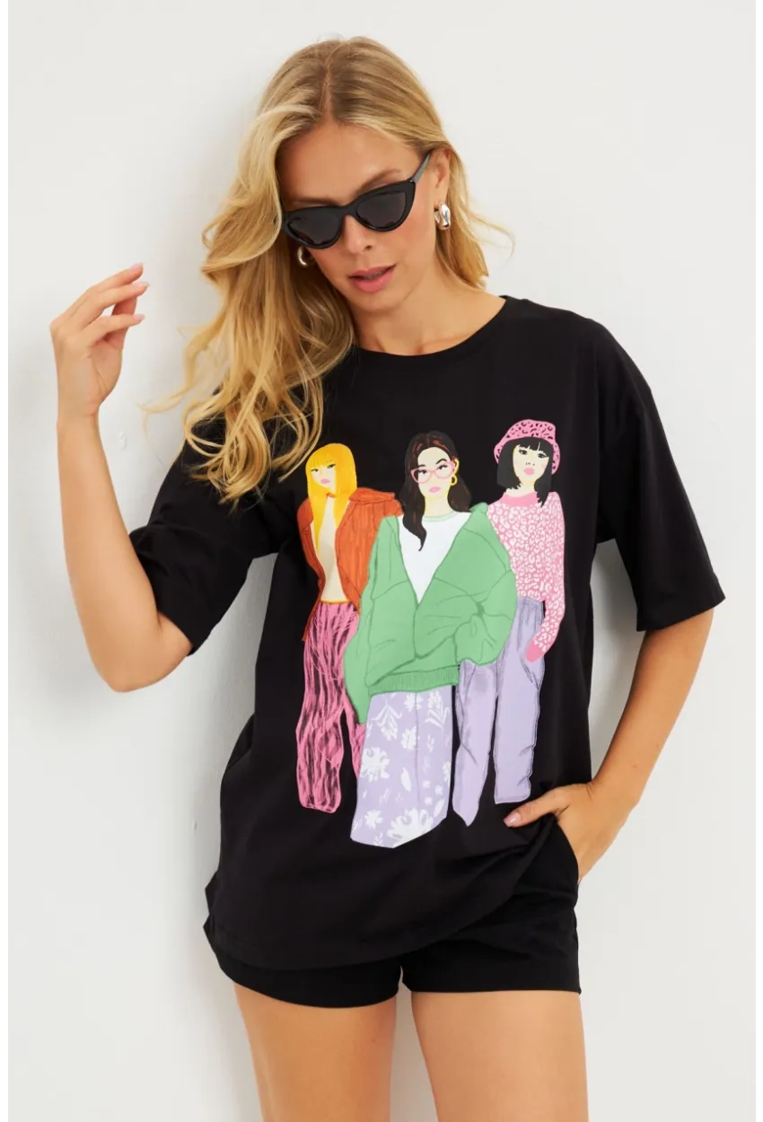 Kadın Siyah Baskılı T-Shirt DY1329