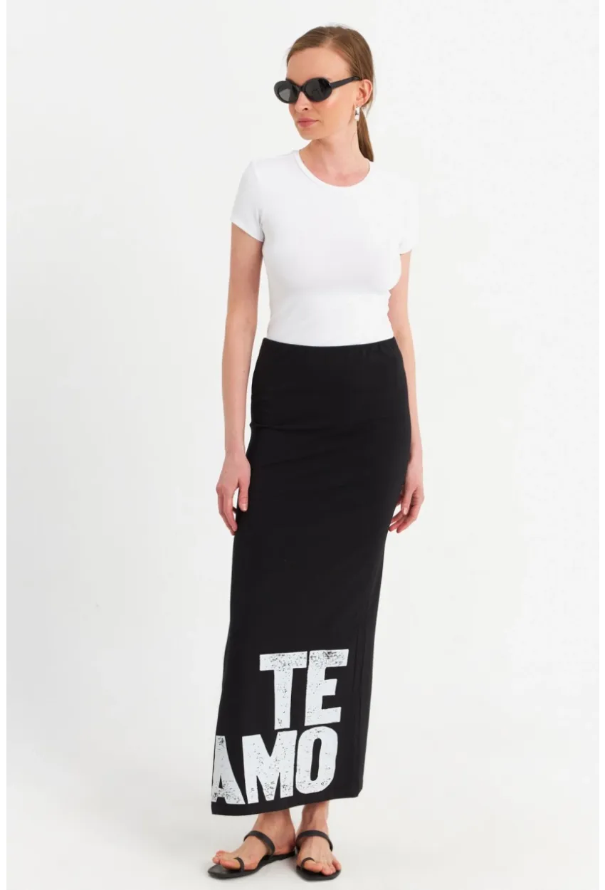 Kadın Siyah Baskılı Yırtmaçlı Midi Etek TPG09