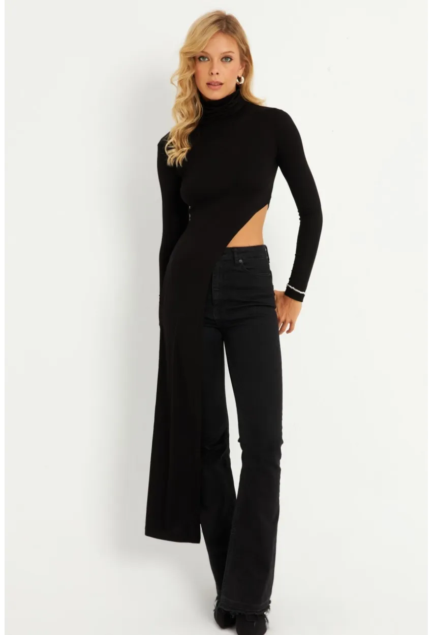 Kadın Siyah Beli Açık Asimetrik Balıkçı Uzun Bluz EY2902