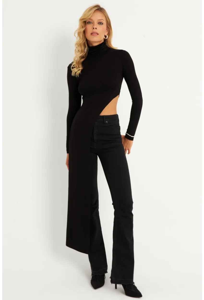 Kadın Siyah Beli Açık Asimetrik Balıkçı Uzun Bluz EY2902