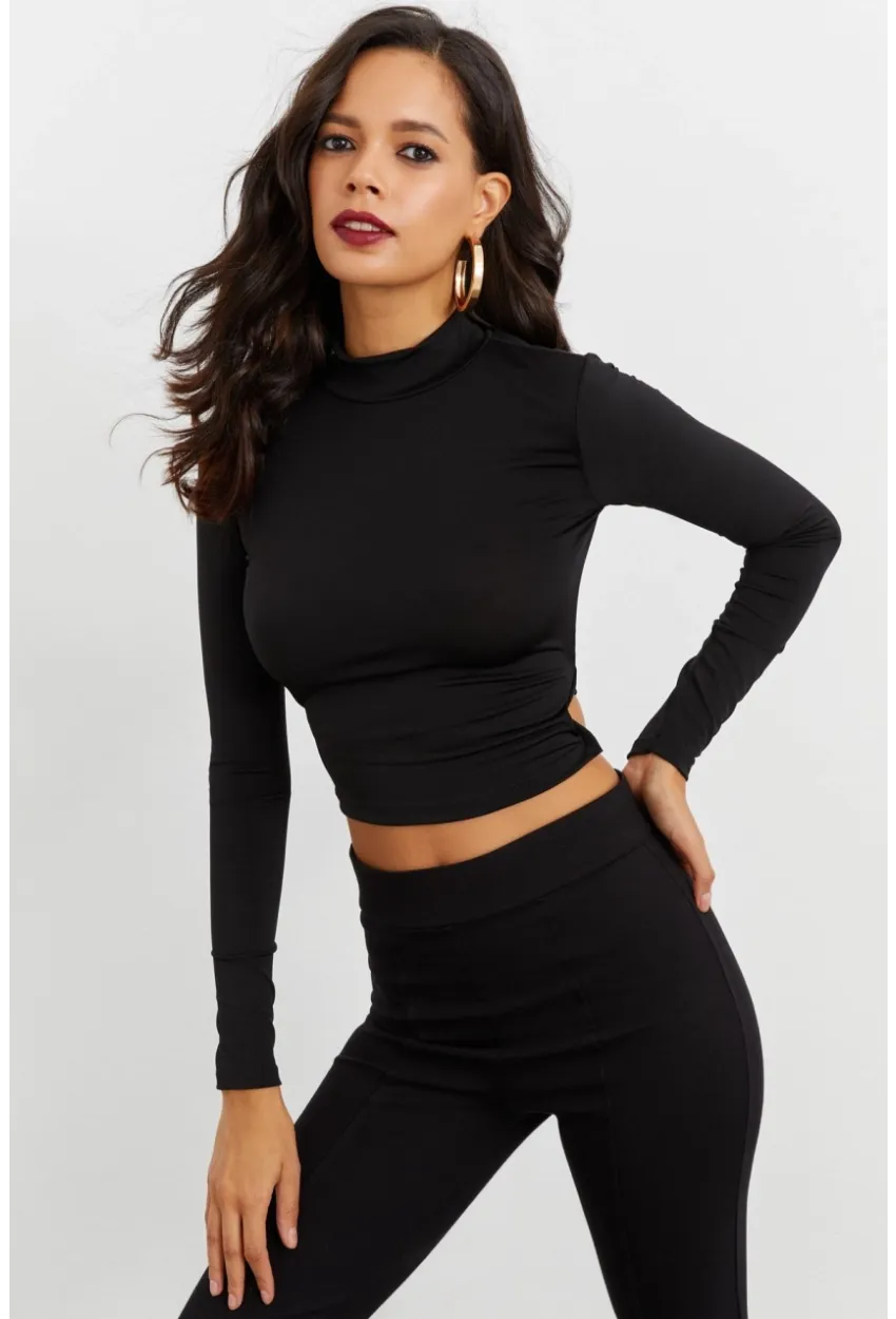 Kadın Siyah Beli Açık Crop Bluz GÇ115