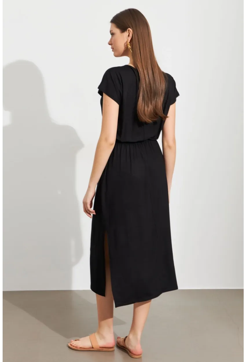 Kadın Siyah Beli Büzülebilir Midi Elbise MURO1193