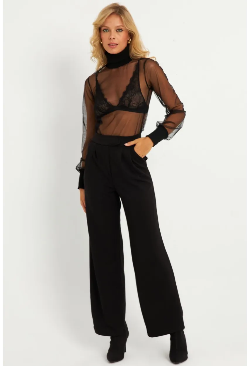 Kadın Siyah Beli Cırtlı Pantolon ELT3455