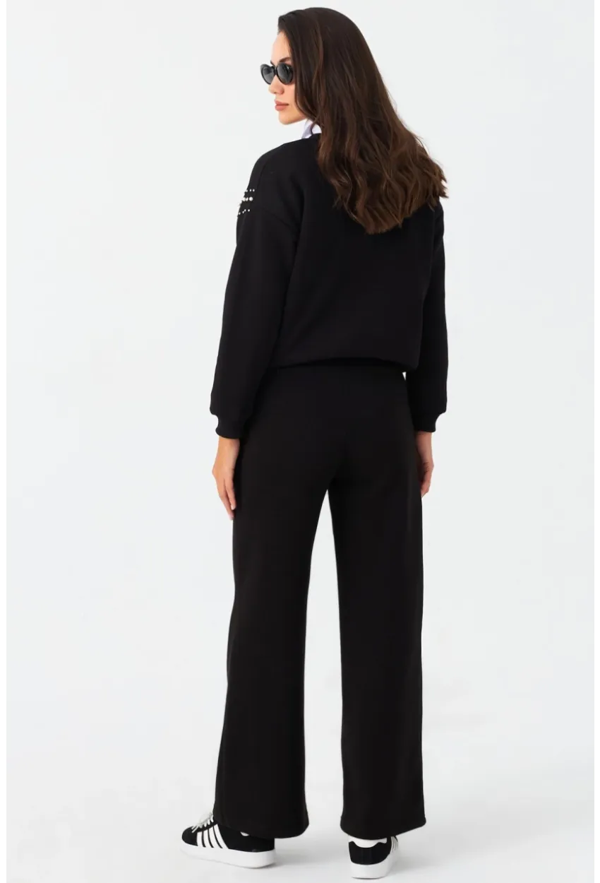 Kadın Siyah Beli Lastikli Palazzo Eşofman Altı ZM30