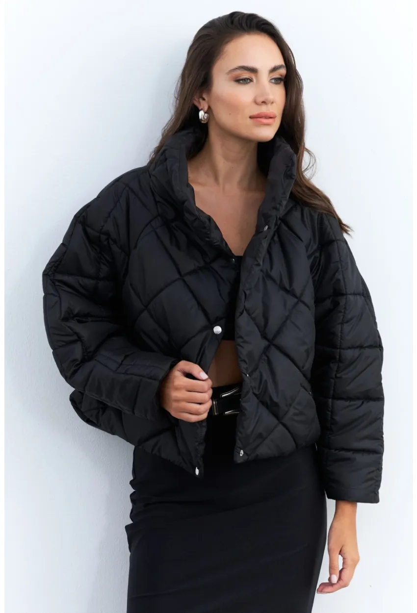 Kadın Siyah Beli Lastikli Yarasa Kol Şişme Mont MX11