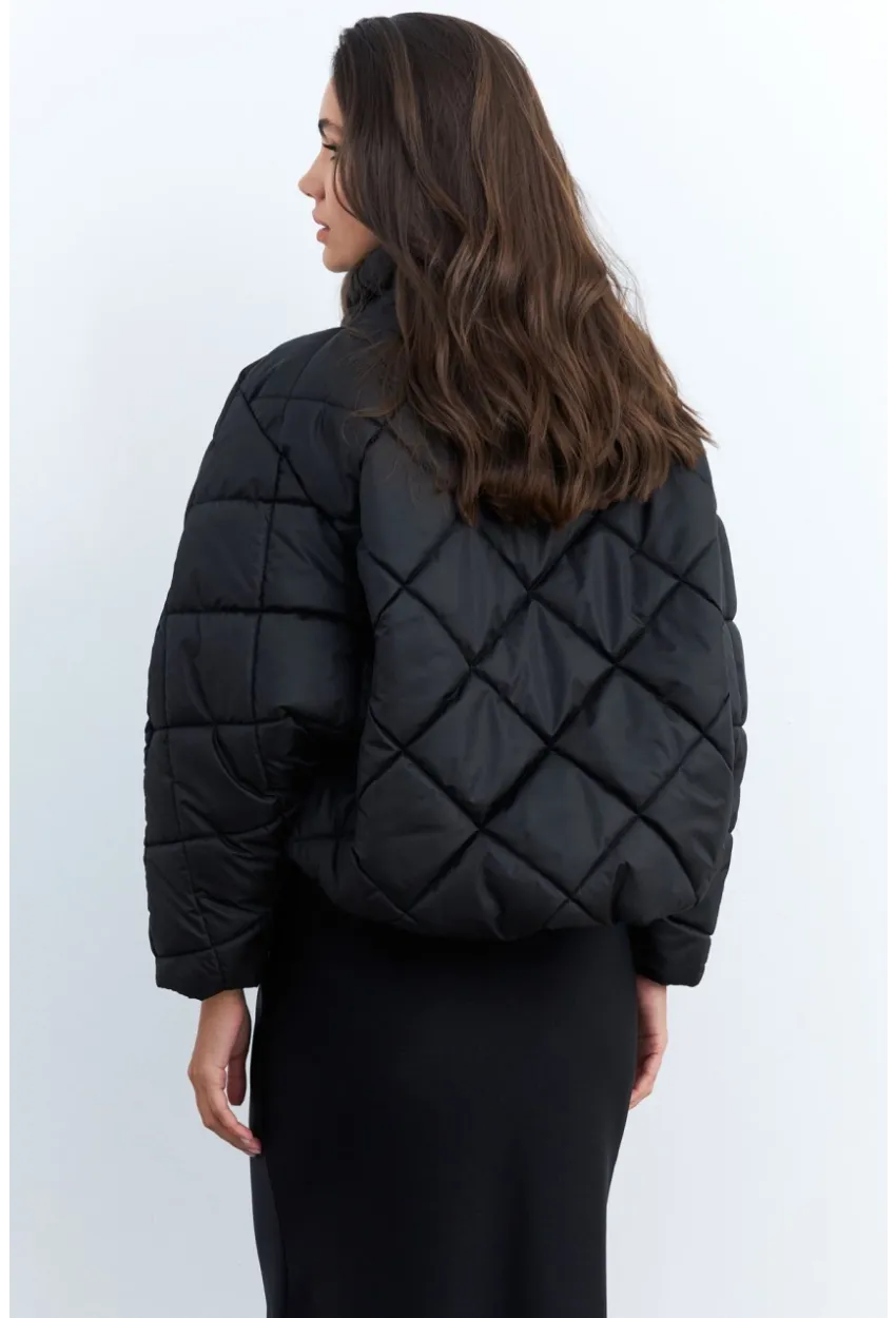 Kadın Siyah Beli Lastikli Yarasa Kol Şişme Mont MX11