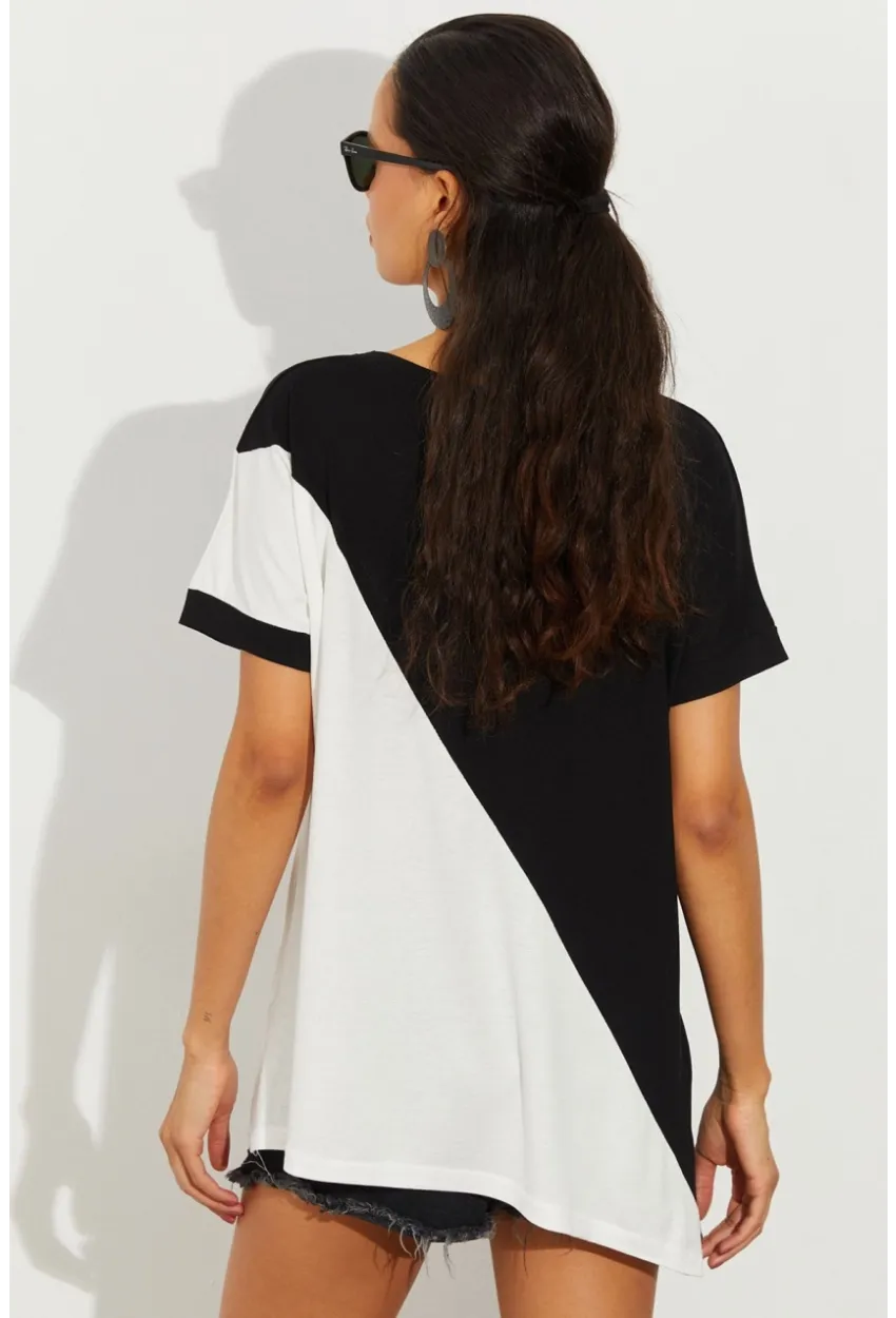 Kadın Siyah-Beyaz Asimetrik Bloklu Bluz ST2024