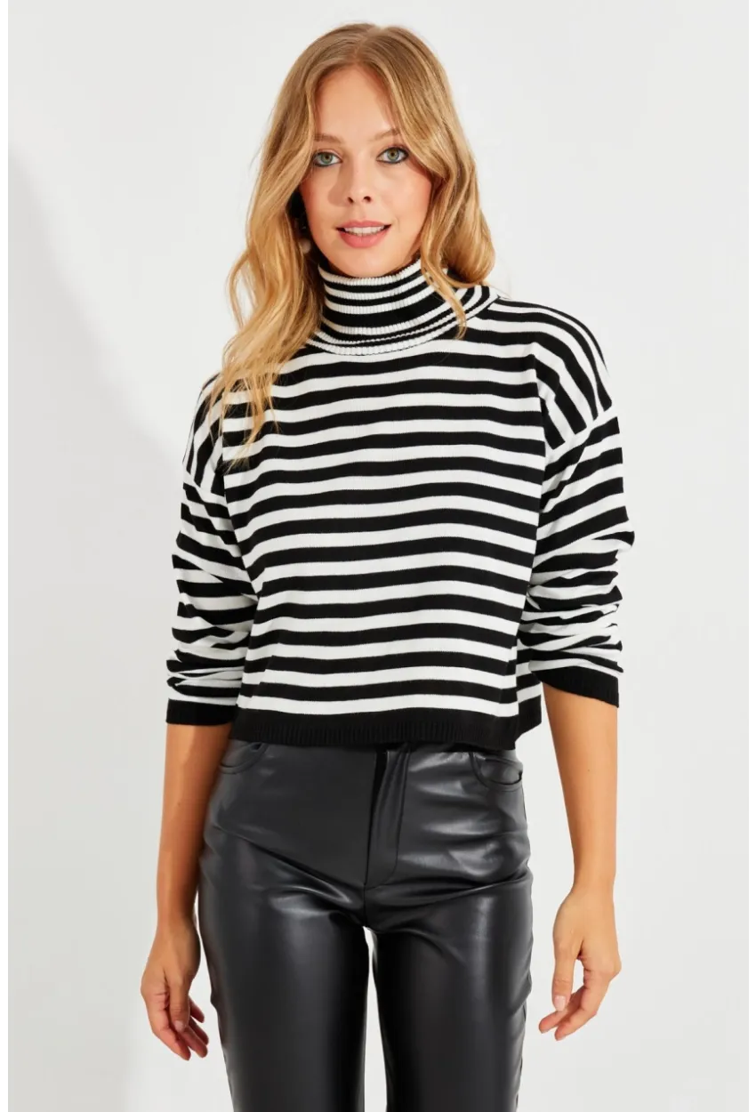 Kadın Siyah-Beyaz Çizgili Balıkçı Kısa Bluz YV201