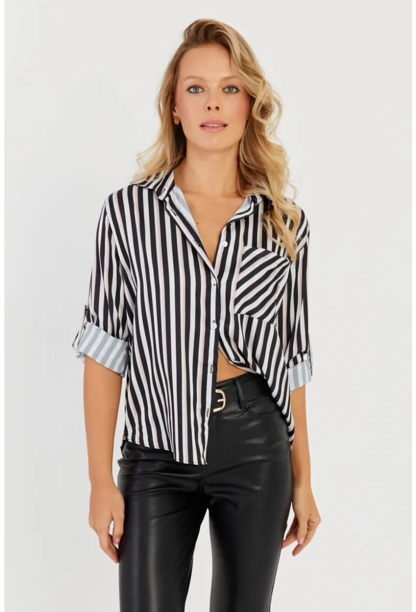 Kadın Siyah-Beyaz Çizgili Saten Gömlek SF2536
