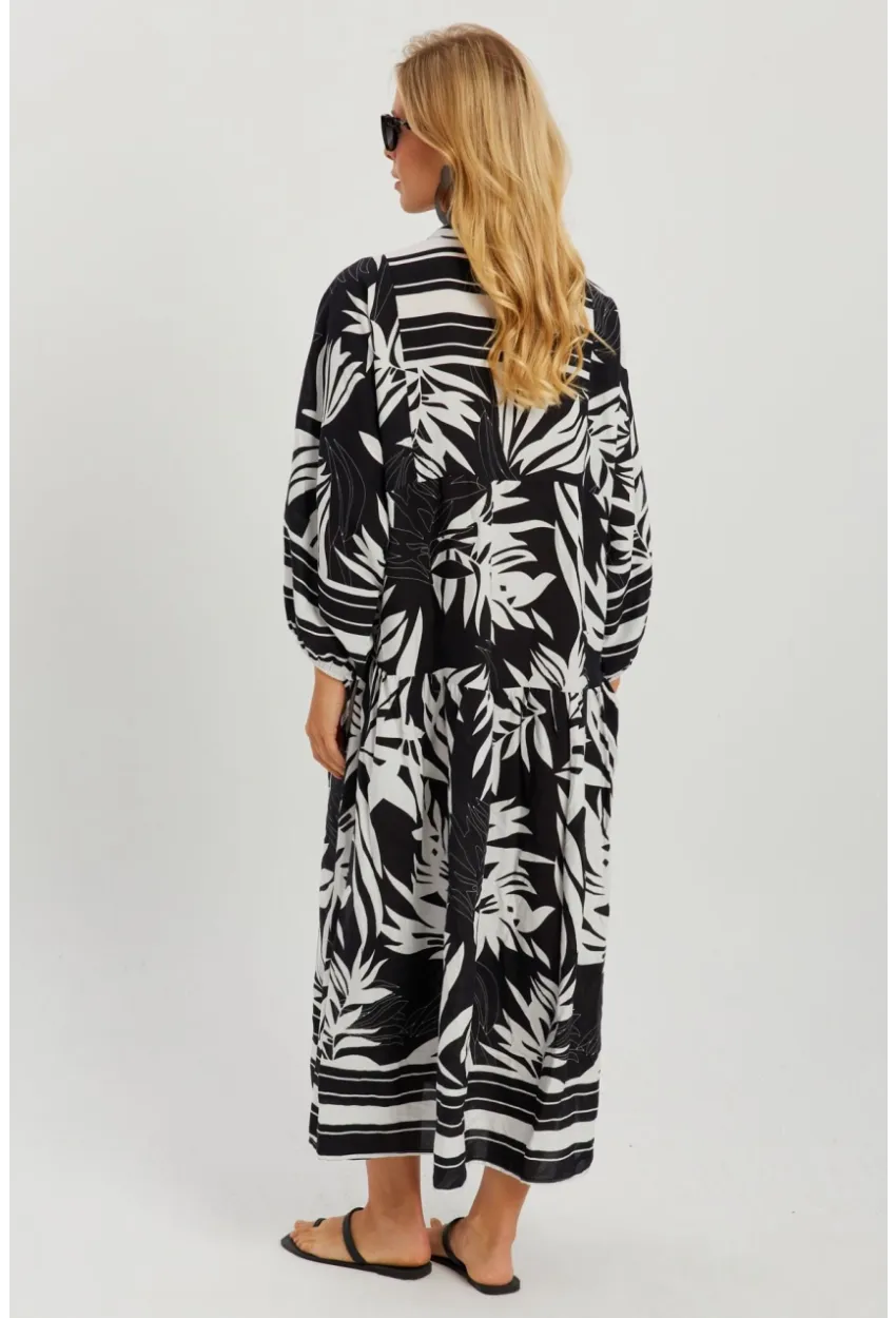 Kadın Siyah-Beyaz Desenli Salaş Maxi Elbise GÇ166
