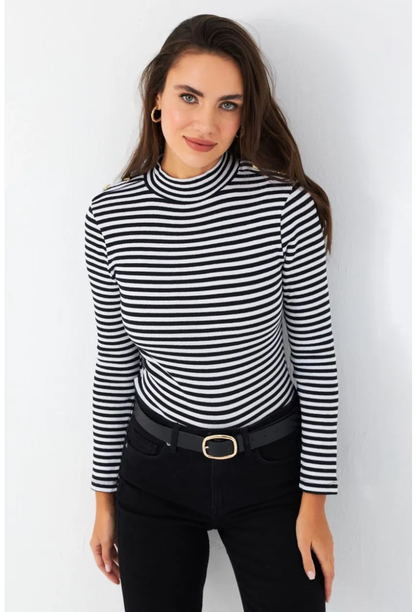 Kadın Siyah-Beyaz Düğme Detaylı Çizgili Bluz MAYD14