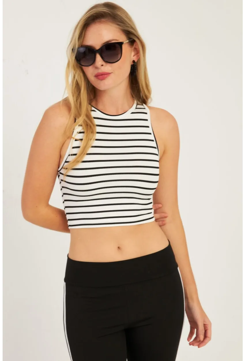 Kadın Siyah-Beyaz İkili Çizgili Crop Bluz CG346