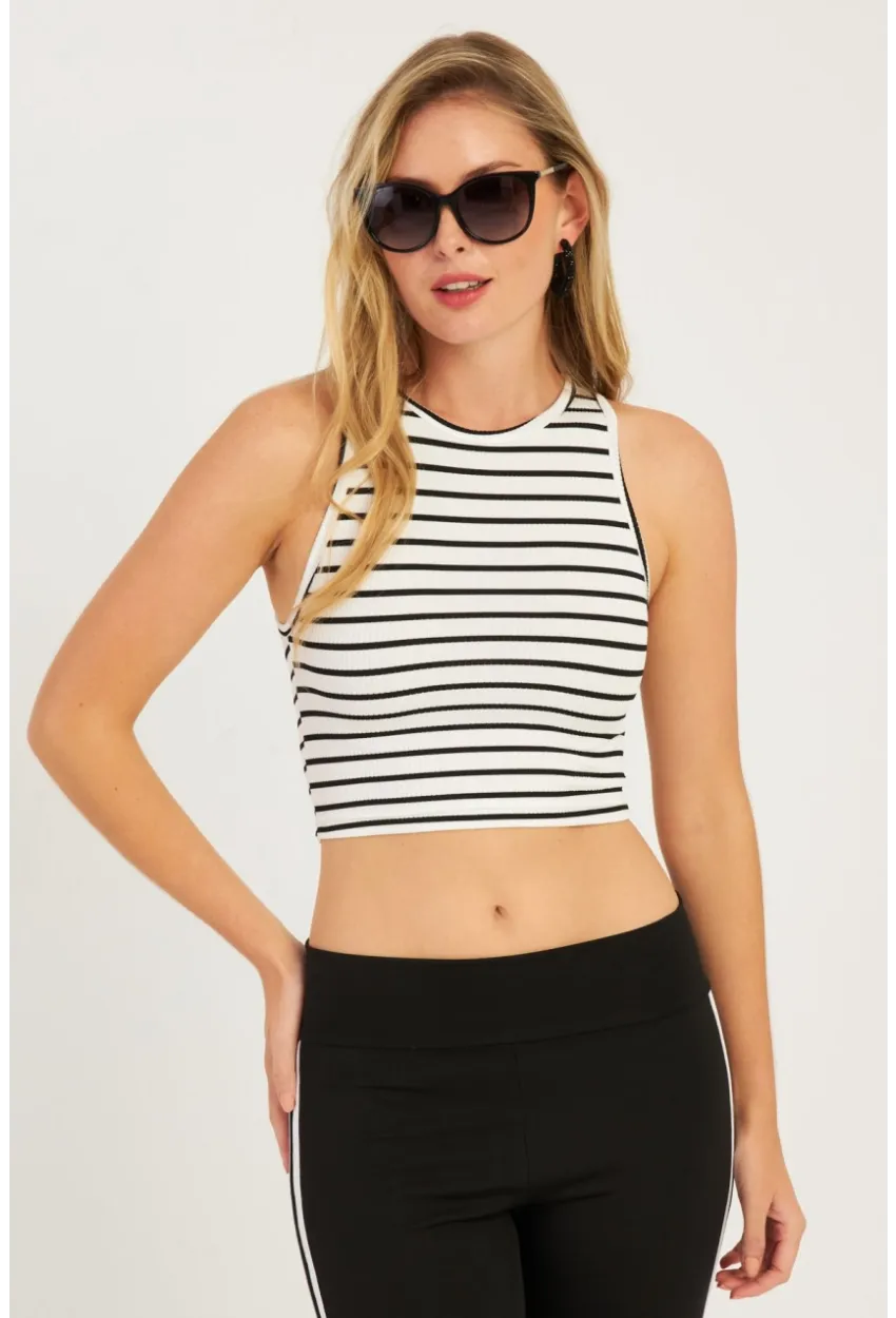 Kadın Siyah-Beyaz İkili Çizgili Crop Bluz CG346