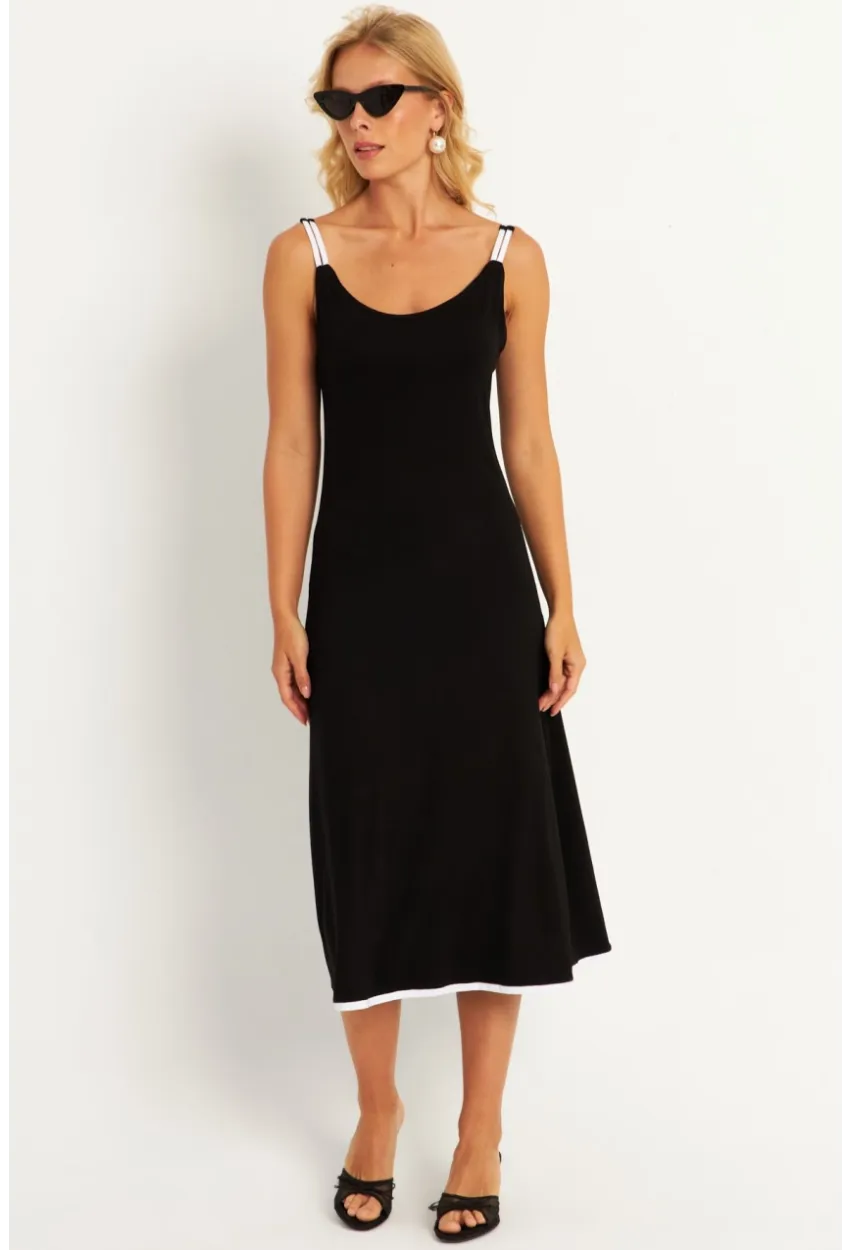 Kadın Siyah-Beyaz Kontrast Midi Elbise ST057