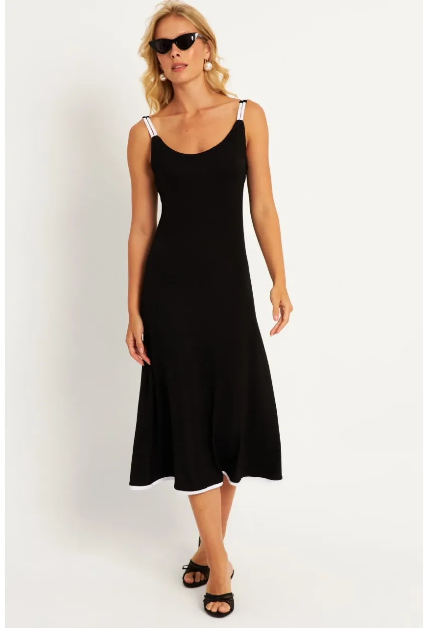 Kadın Siyah-Beyaz Kontrast Midi Elbise ST057