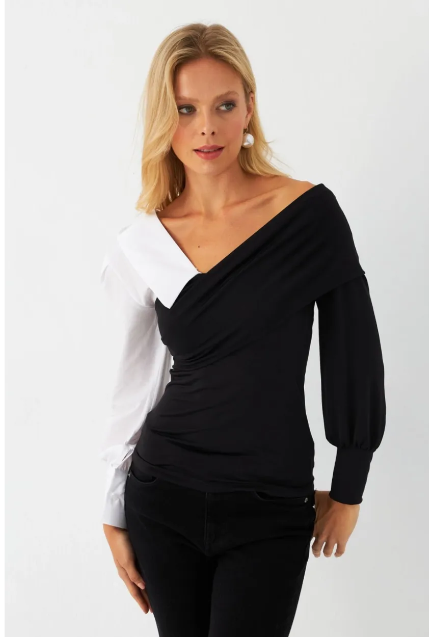 Kadın Siyah-Beyaz Kruvaze Bluz LİK8