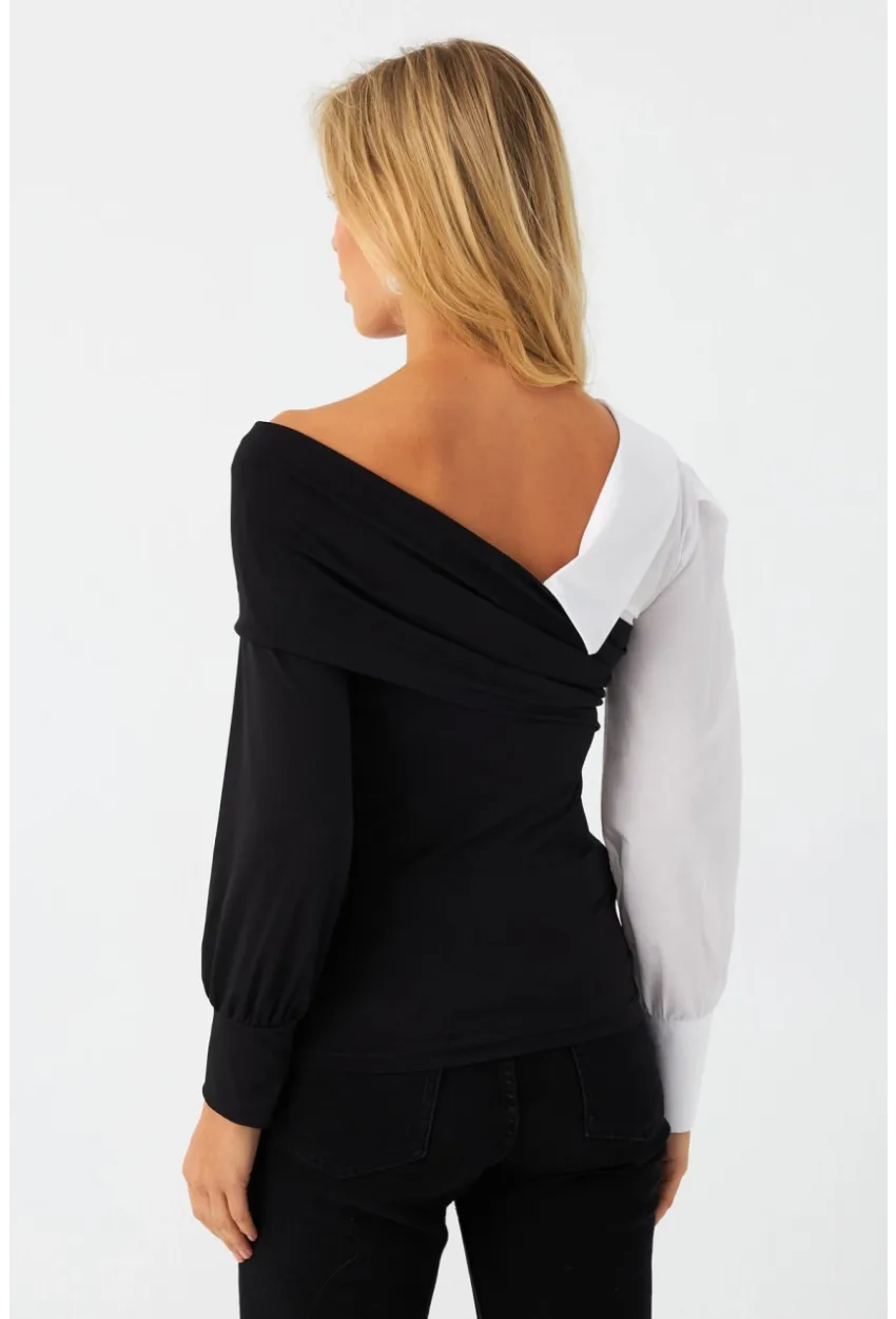 Kadın Siyah-Beyaz Kruvaze Bluz LİK8