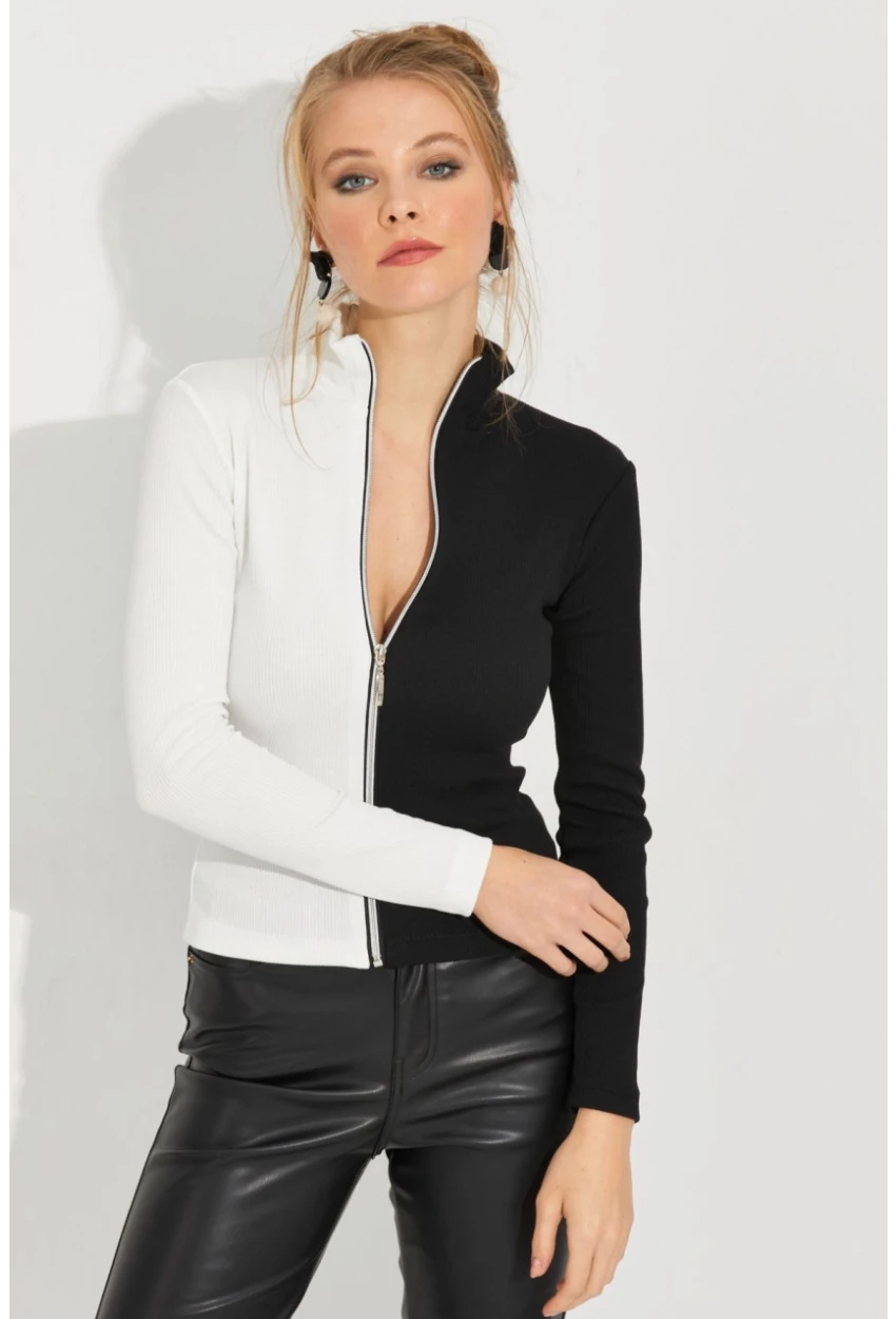 Kadın Siyah-Beyaz Renk Bloklu Kaşkorse Bluz EY2586