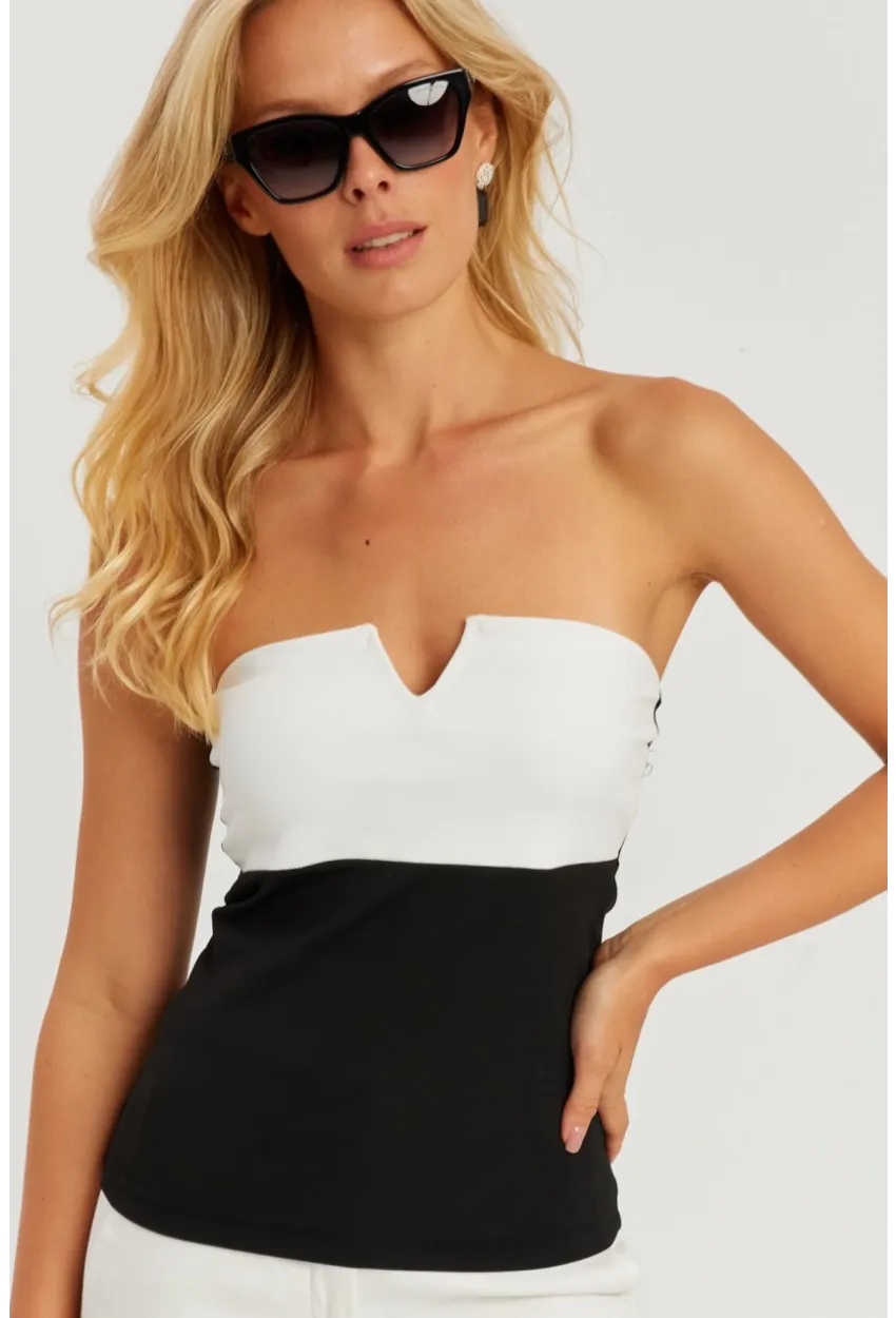 Kadın Siyah-Beyaz Straplez Bluz EY2793