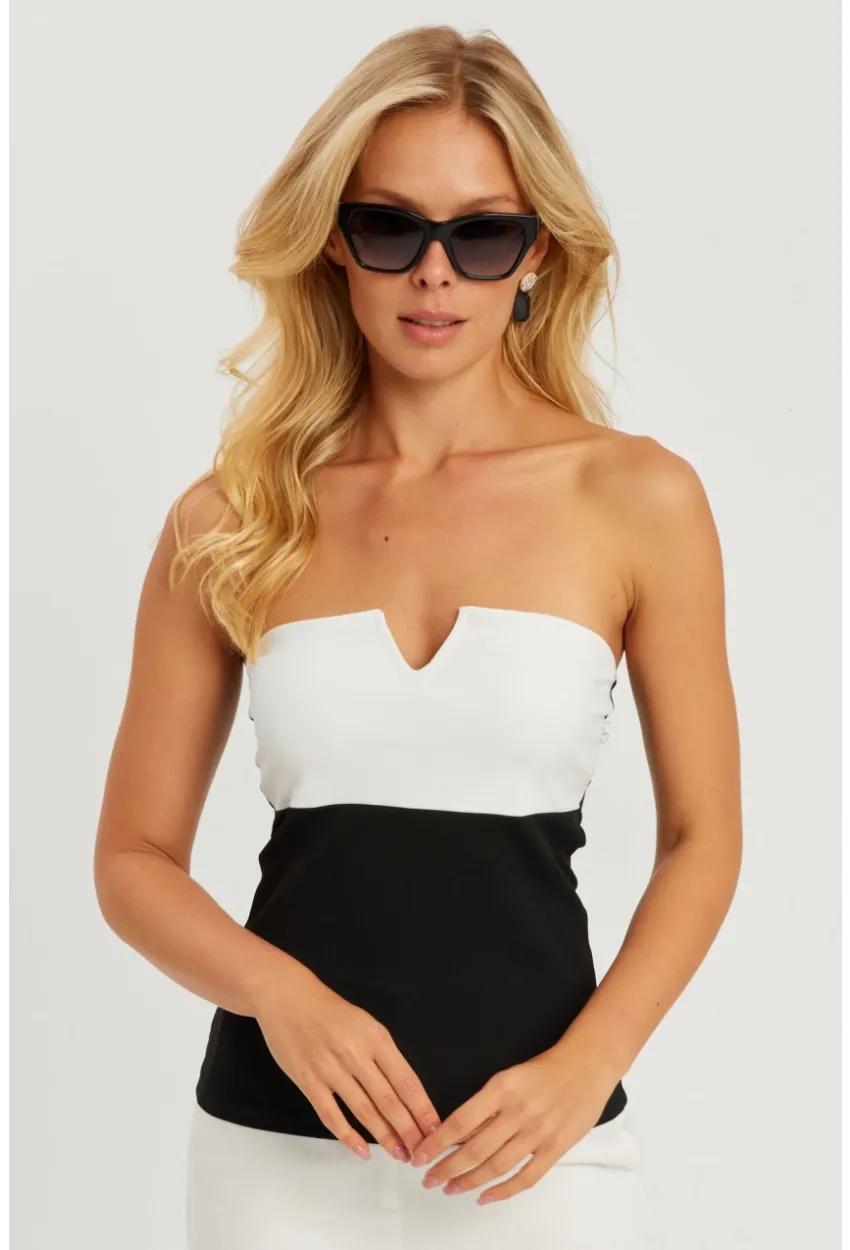 Kadın Siyah-Beyaz Straplez Bluz EY2793