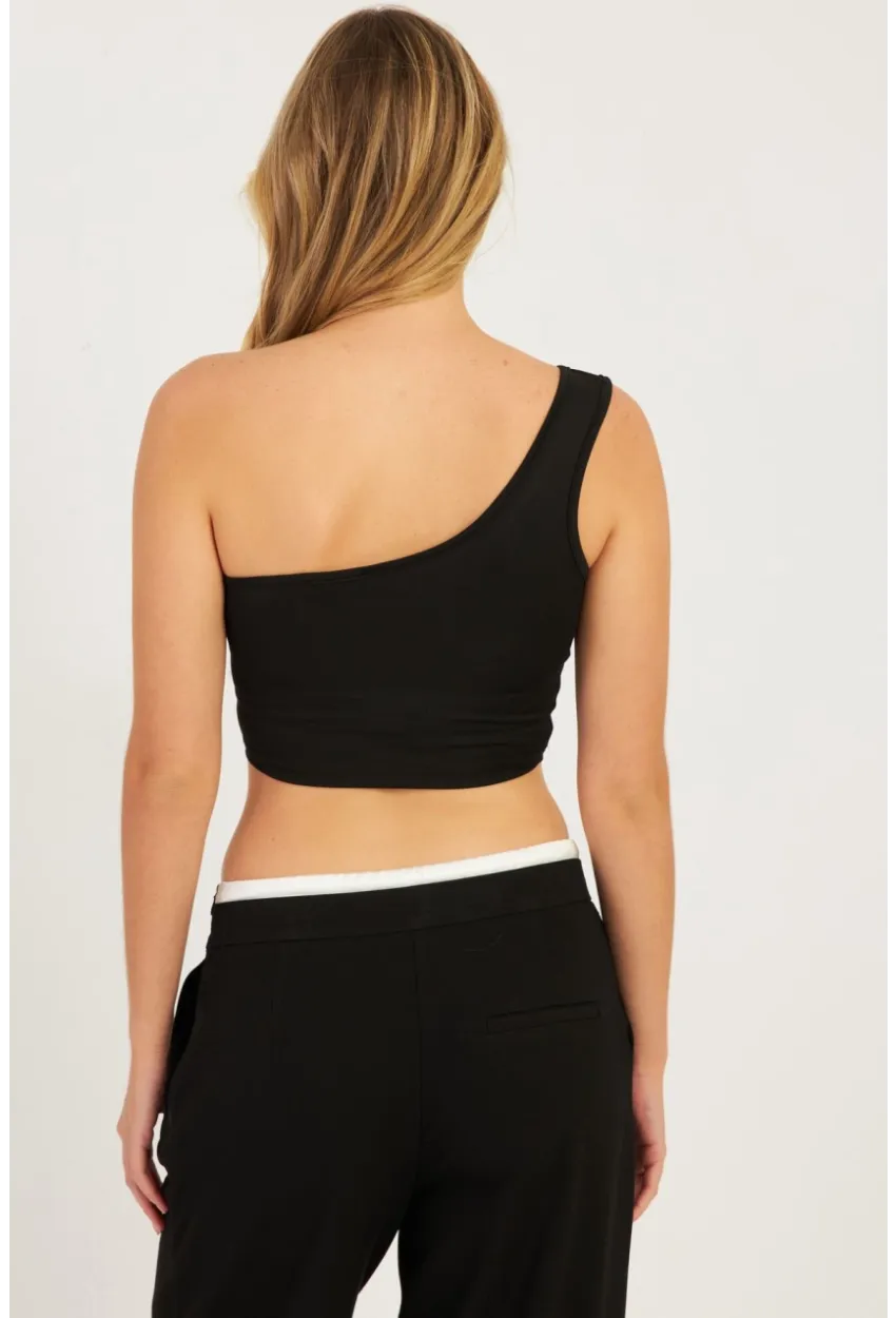 Kadın Siyah-Beyaz Tek Omuz İkili Crop Bluz CG347