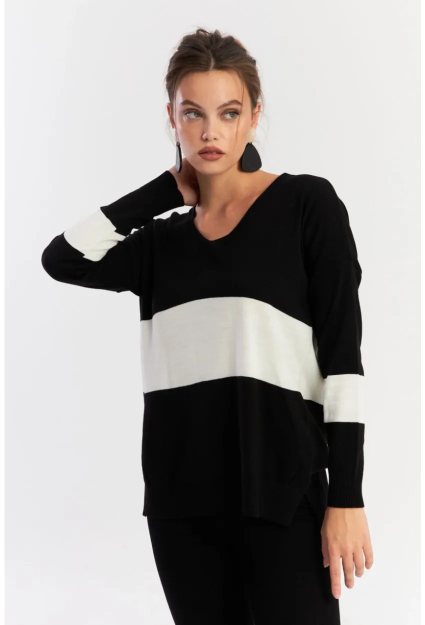 Kadın Siyah-Beyaz V Yaka Triko Bluz YİL555