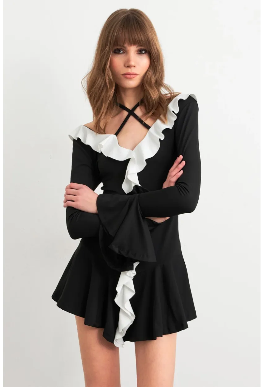 Kadın Siyah-Beyaz Volanlı İspanyol Kol Mini Elbise DCF108