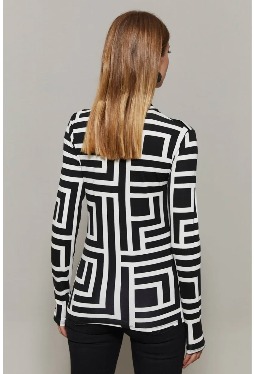 Kadın Siyah-Beyaz Yarım Balıkçı Desenli Bluz LPP1133-1